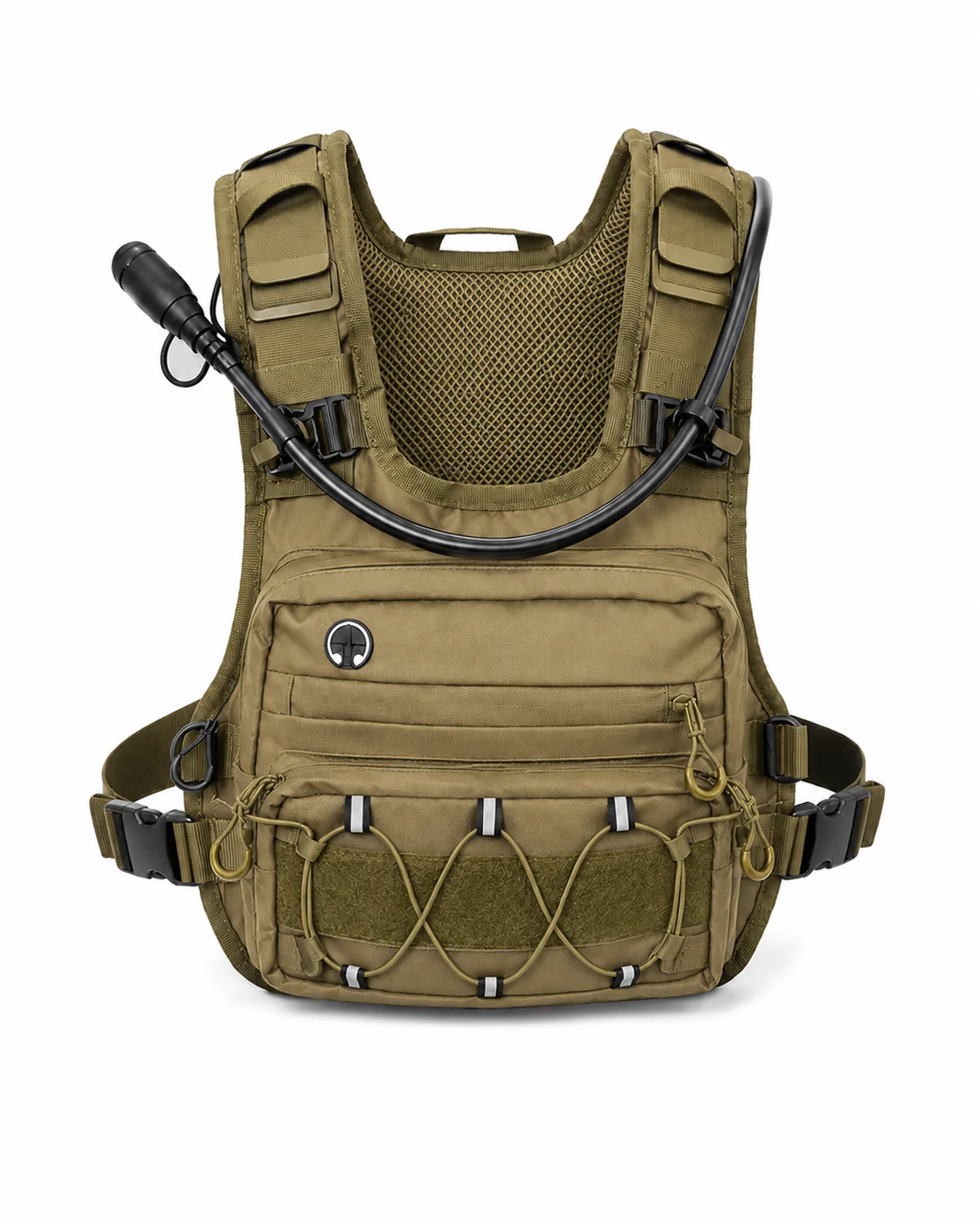 CoreFlow hydration vest in coyote tan with front zip pockets and bungee cargo panel