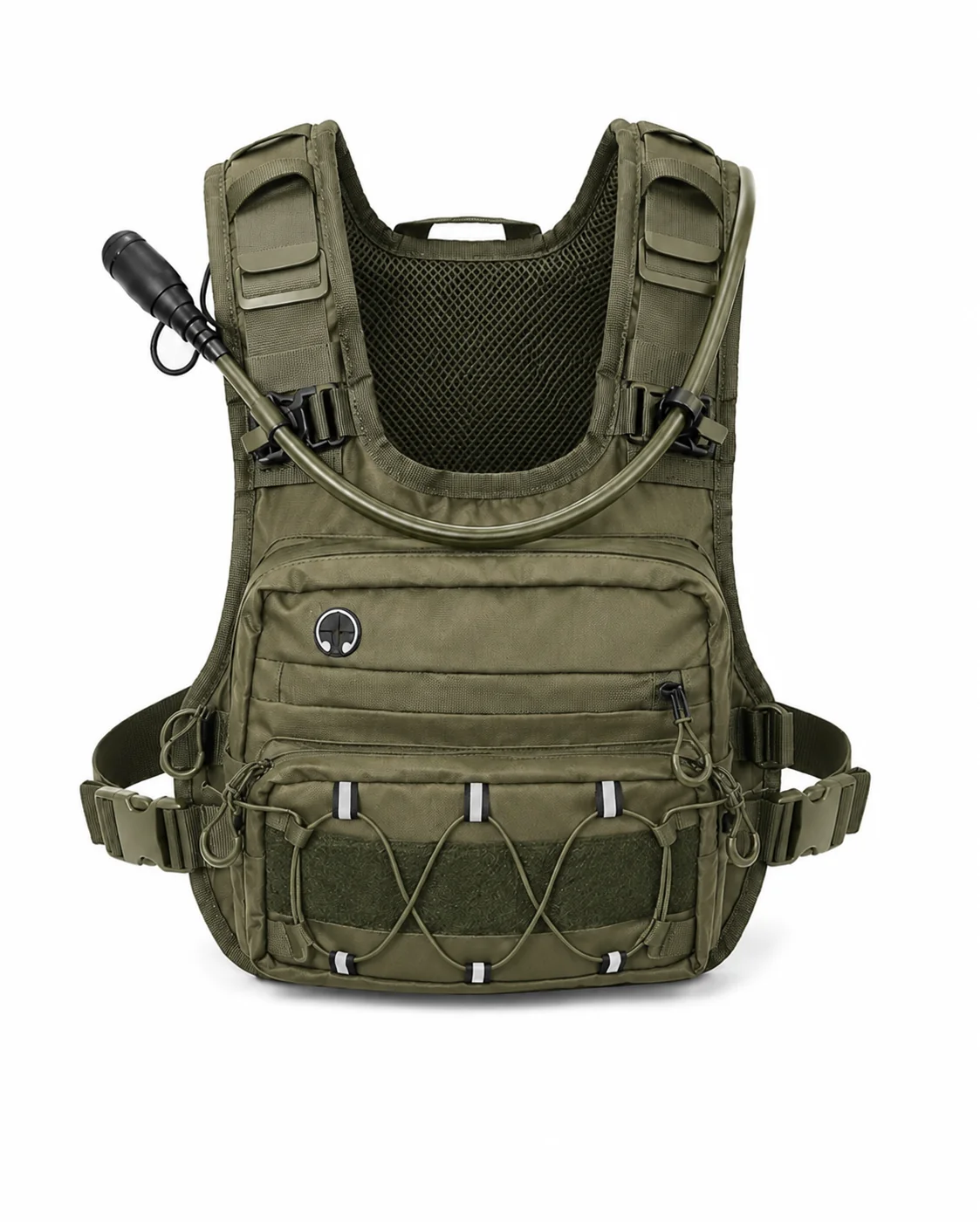 CoreFlow hydration vest in olive green with mesh back panel and quick-release buckles